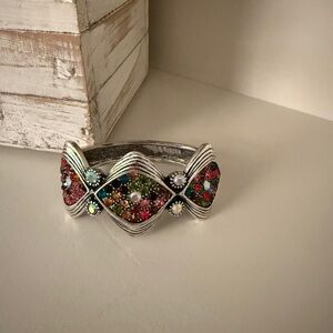 YUHONG Multi Color Rhinestone Hinged Silvertone Bracelet Statement Piece